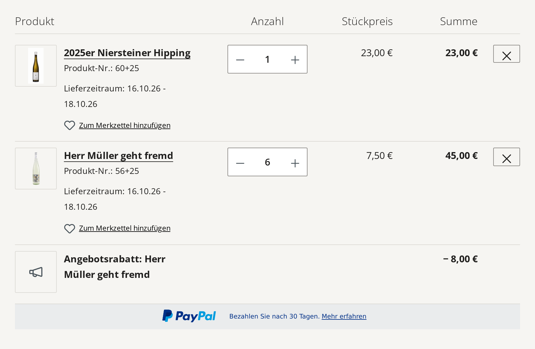 Warenkorb mit automatisch abgezogener Rabattzeile „Angebotsrabatt“ über −8,00 €