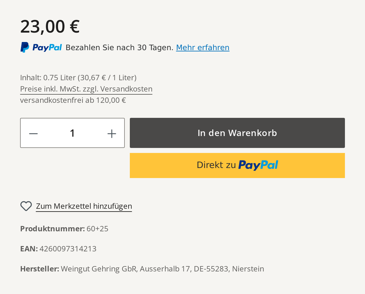 Hinweis „versandkostenfrei ab 120,00 €“ unter dem Preis auf der Produktseite